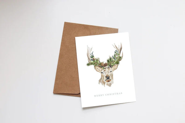 Merry Christmas Card | Buck Greenery Floral Winter