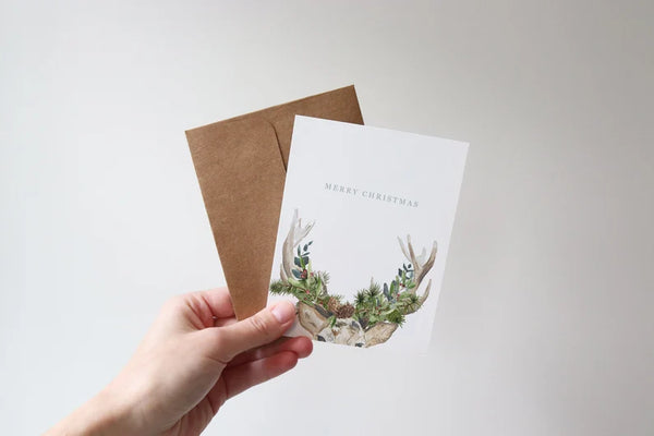 Merry Christmas Card | Buck Greenery Floral Winter