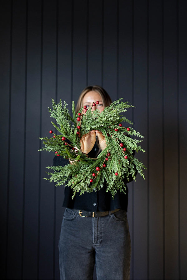 Red Plum Berry Norfolk Cypress Real Touch Wreath | Mini